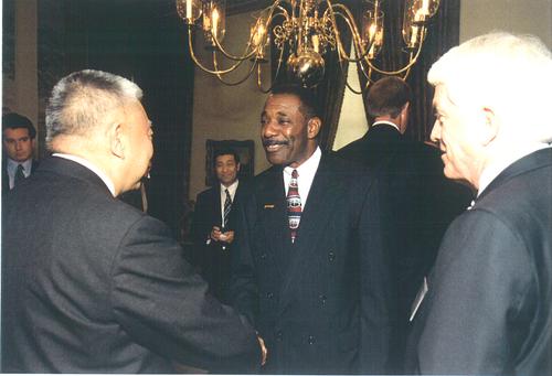 Dr. Toby Malichi; then, board member - U.S. Chamber of Commerce; discussing Trade issues and the Chinese Hand-Over with Tung Chee Hwa, Chief Executive - Hong Kong Special Administrative Region (HKSAR) and Tom Donohue, CEO & President - U. S. Chamber of Commerce